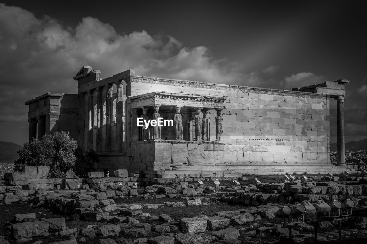 Black and white view of the erechtheum, temple dedicated to goddess athena poliade, athens, greece