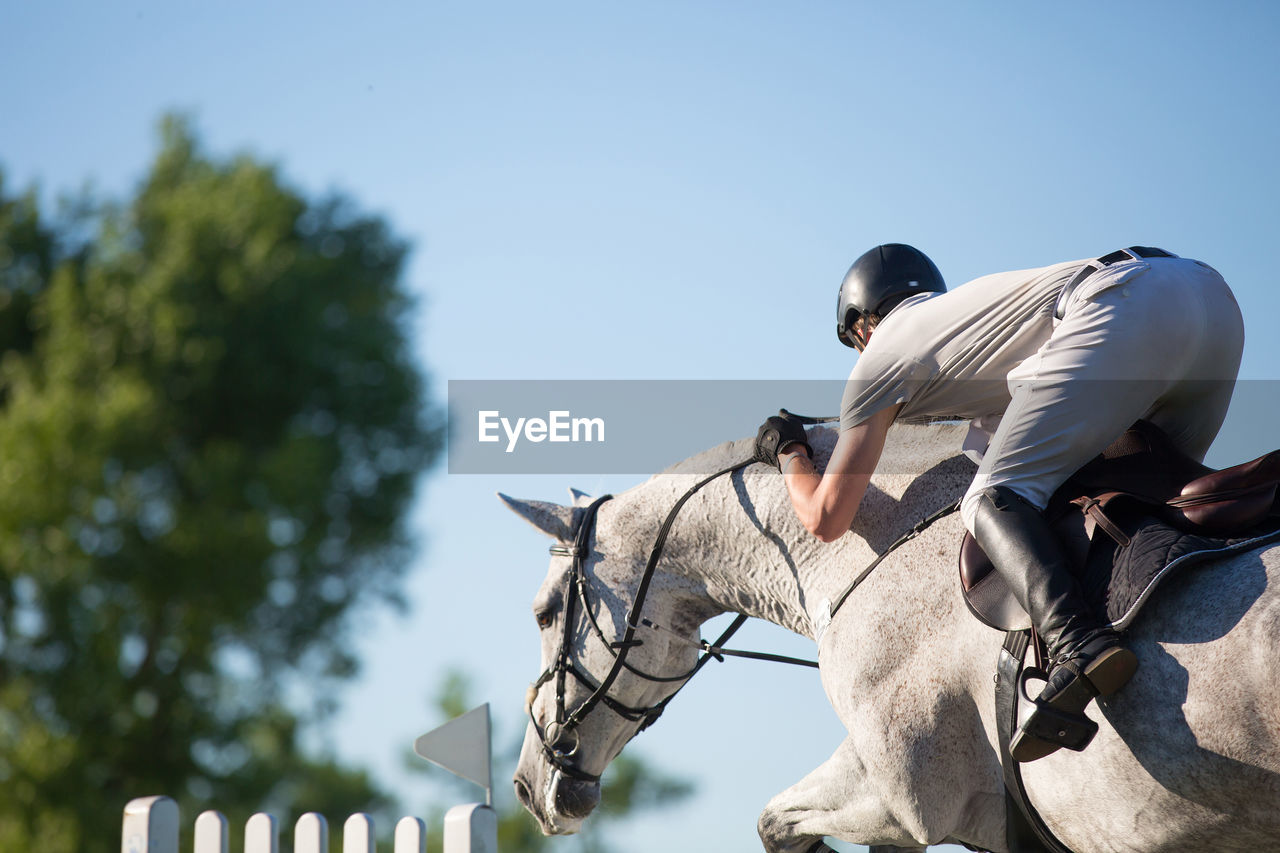 Low section of jockey jumping horse against sky