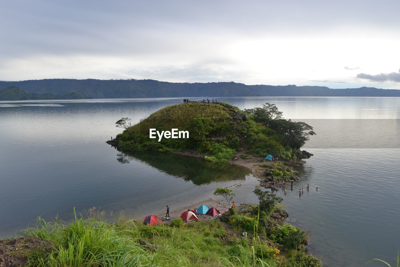 High angle view of lake against sky