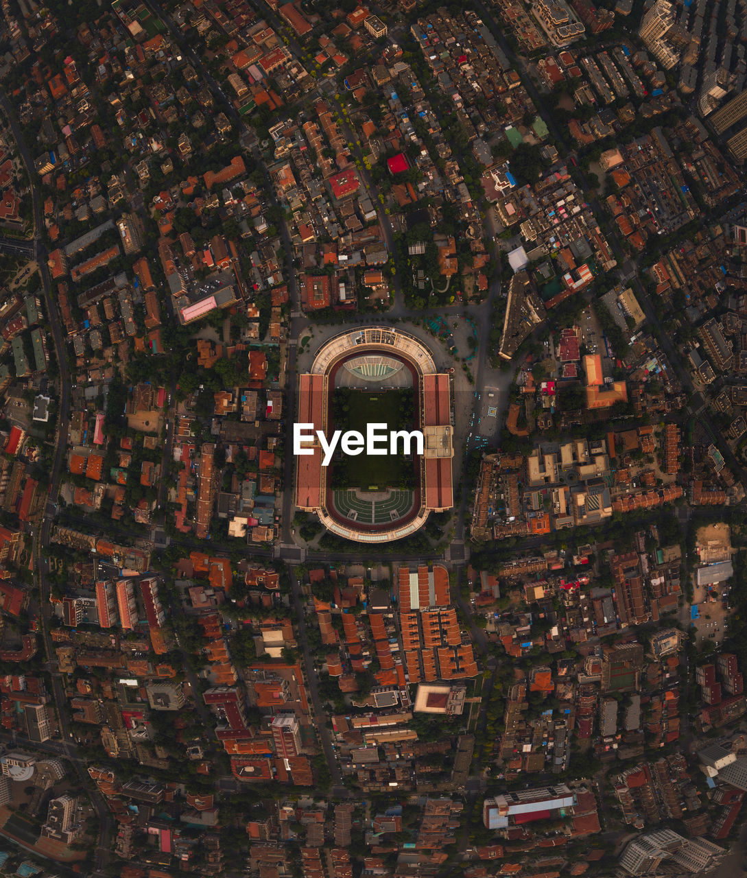 Aerial fish-eye lens shot of cityscape