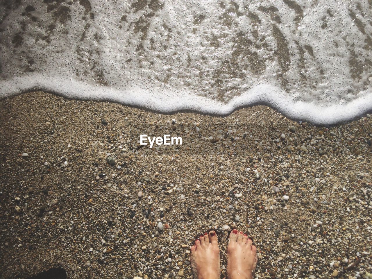 Low section of woman standing on sand at beach