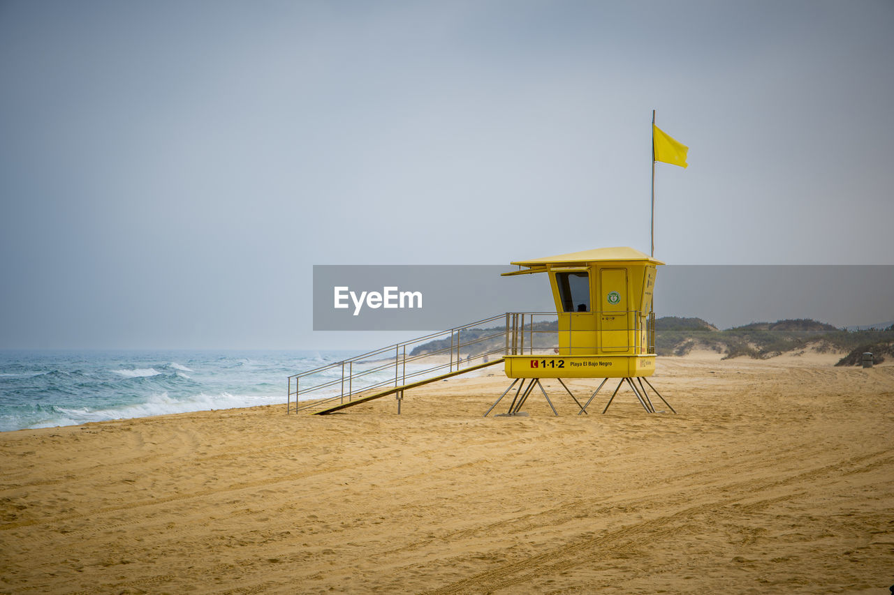 View on beach rescue station or lifeguard hut on playa el bajo on fuerteventura, canary islands