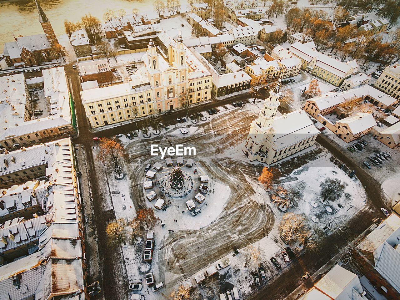 Aerial view of town during winter