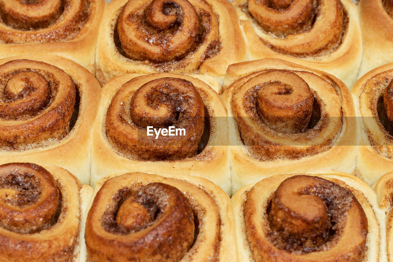 Homemade sweet cinnamon rolls. closeup of freshly cooked buns.