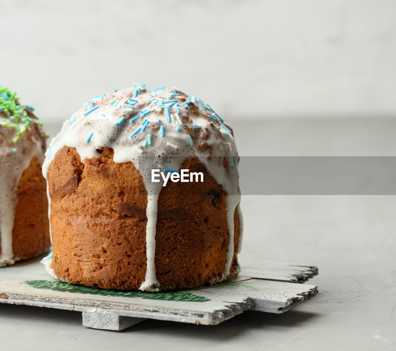 Baked traditional christian dessert for easter holiday. the pastries are glazed and decorated 