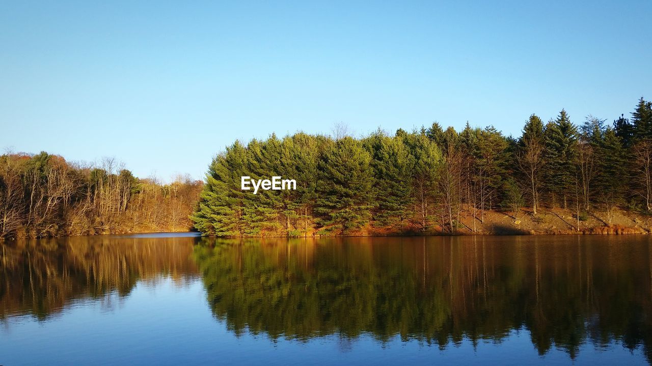 Scenic view of lake against clear blue sky