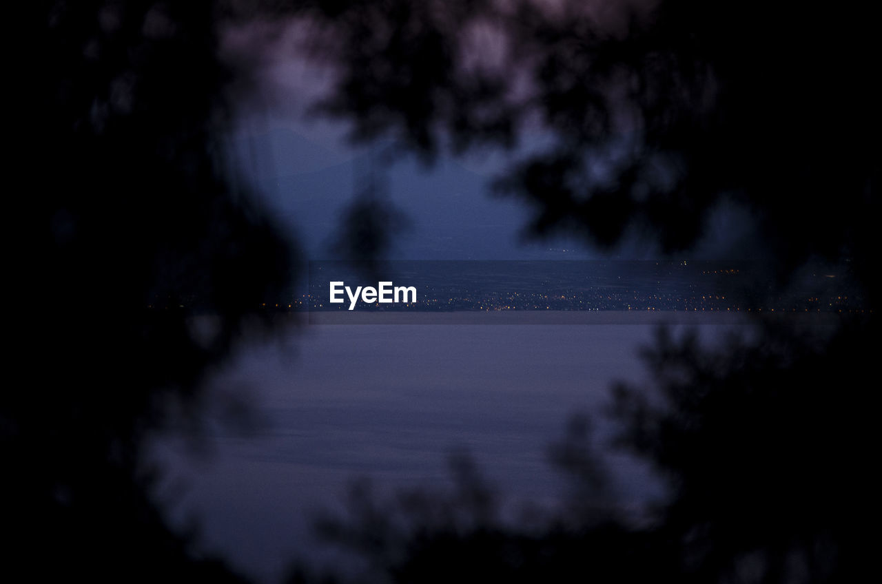 Scenic view of sea seen through branches at dusk