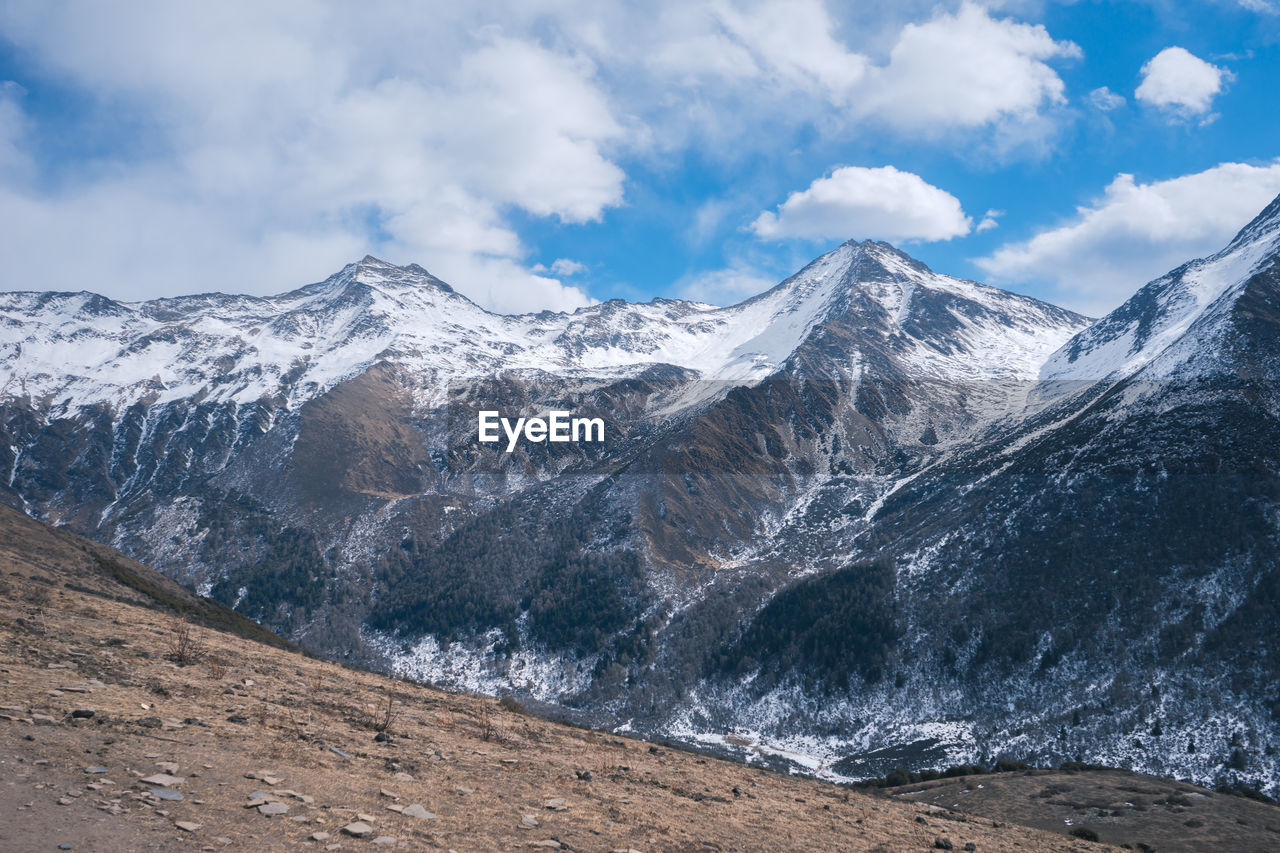 Scenic view of snowcapped mountains against sky