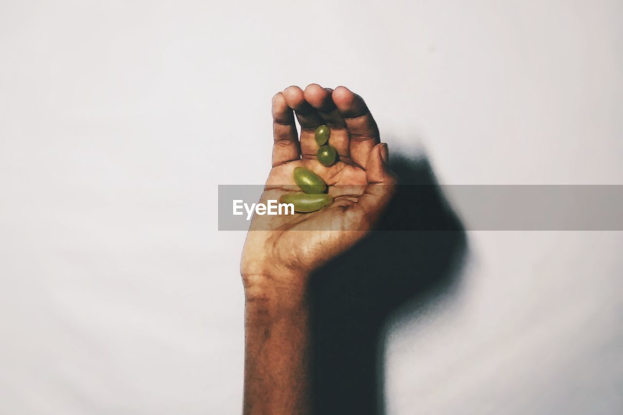 CLOSE-UP OF MAN HOLDING LEAF OVER WHITE BACKGROUND