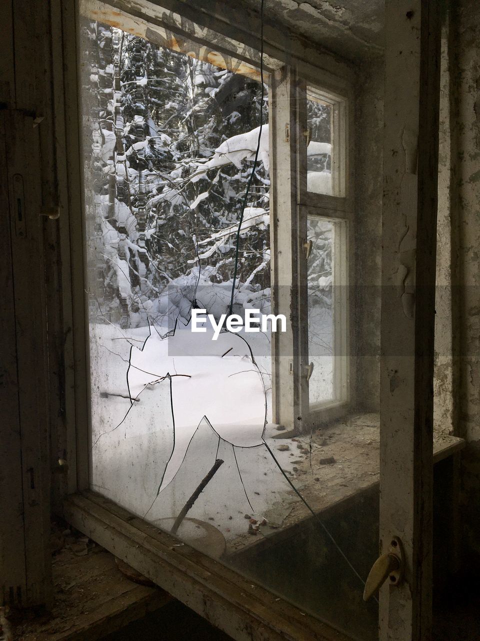 window, wall, abandoned, indoors, architecture, no people, house, damaged, wood, snow, building, day, winter, cold temperature, broken, built structure, rundown, nature, home interior, tree, home, door, old, glass, deterioration, decline, entrance, wall - building feature