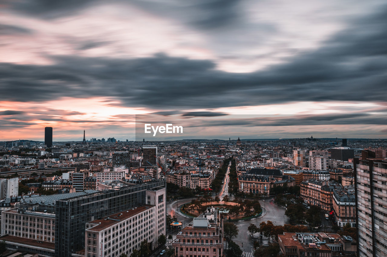 High angle view of cityscape against sky during sunset