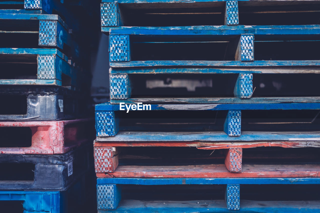 Stack of blue wooden crates