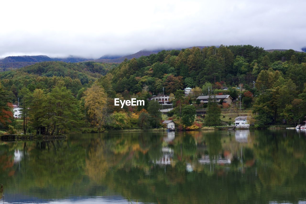 REFLECTION OF TREES AND BUILDINGS IN LAKE