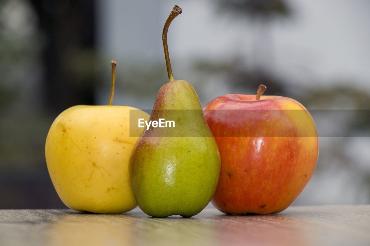 CLOSE-UP OF APPLES AND FRUITS ON TABLE