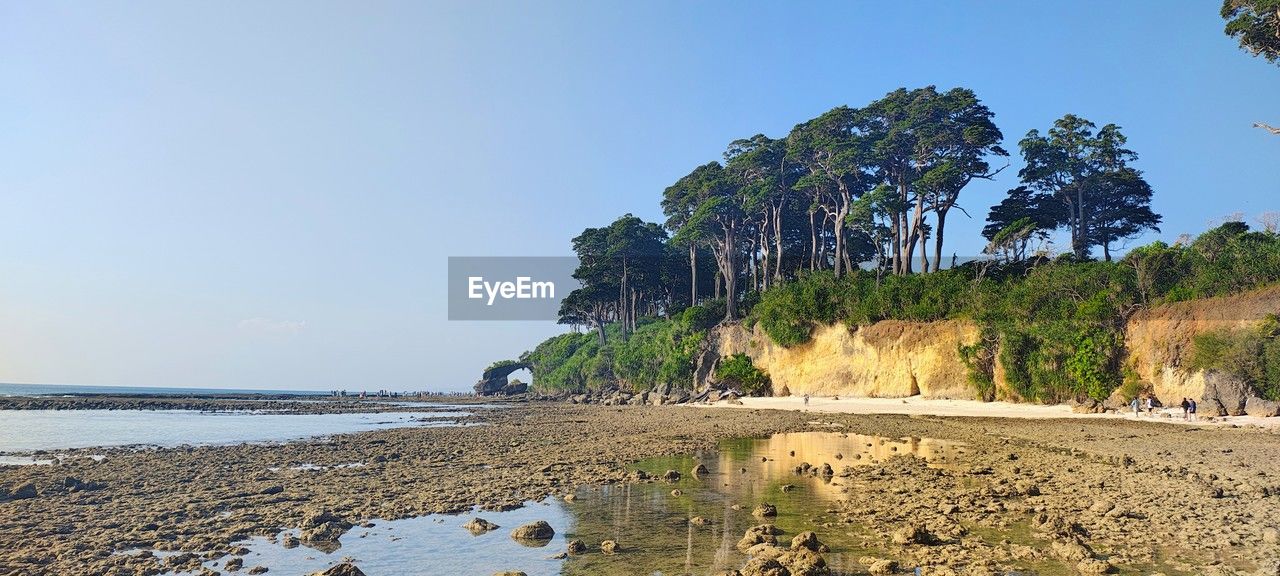 water, land, sky, sea, beach, body of water, coast, shore, nature, scenics - nature, tree, beauty in nature, plant, environment, sand, travel destinations, travel, tranquility, vacation, landscape, clear sky, tropical climate, tranquil scene, tourism, ocean, bay, blue, coastline, no people, rock, palm tree, trip, holiday, cliff, panoramic, outdoors, sunny, day, island, non-urban scene, lagoon, idyllic, terrain, sunlight, summer, bay of water, tropics