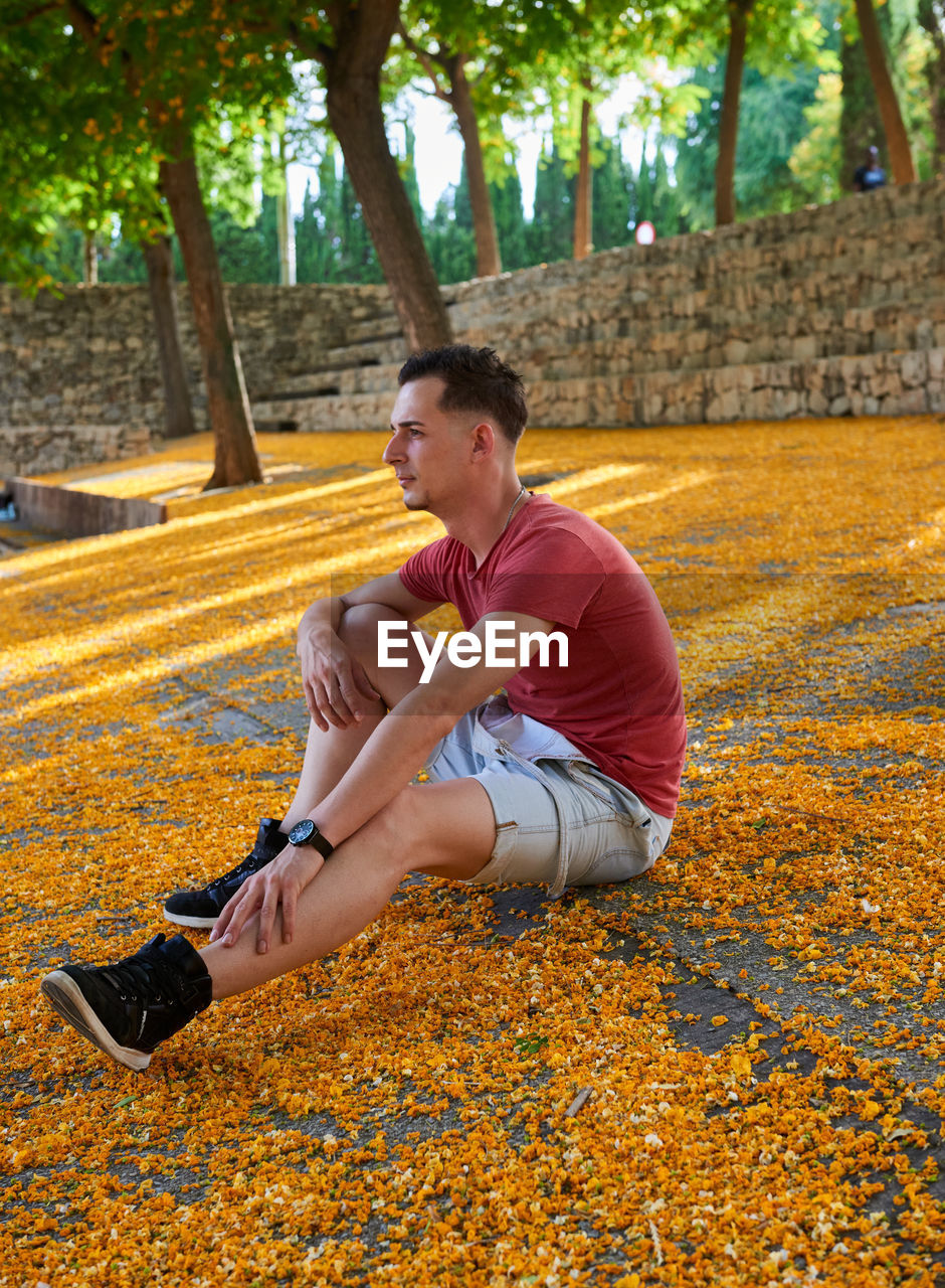 A young attractive boy in a red t-shirt posing in a park.