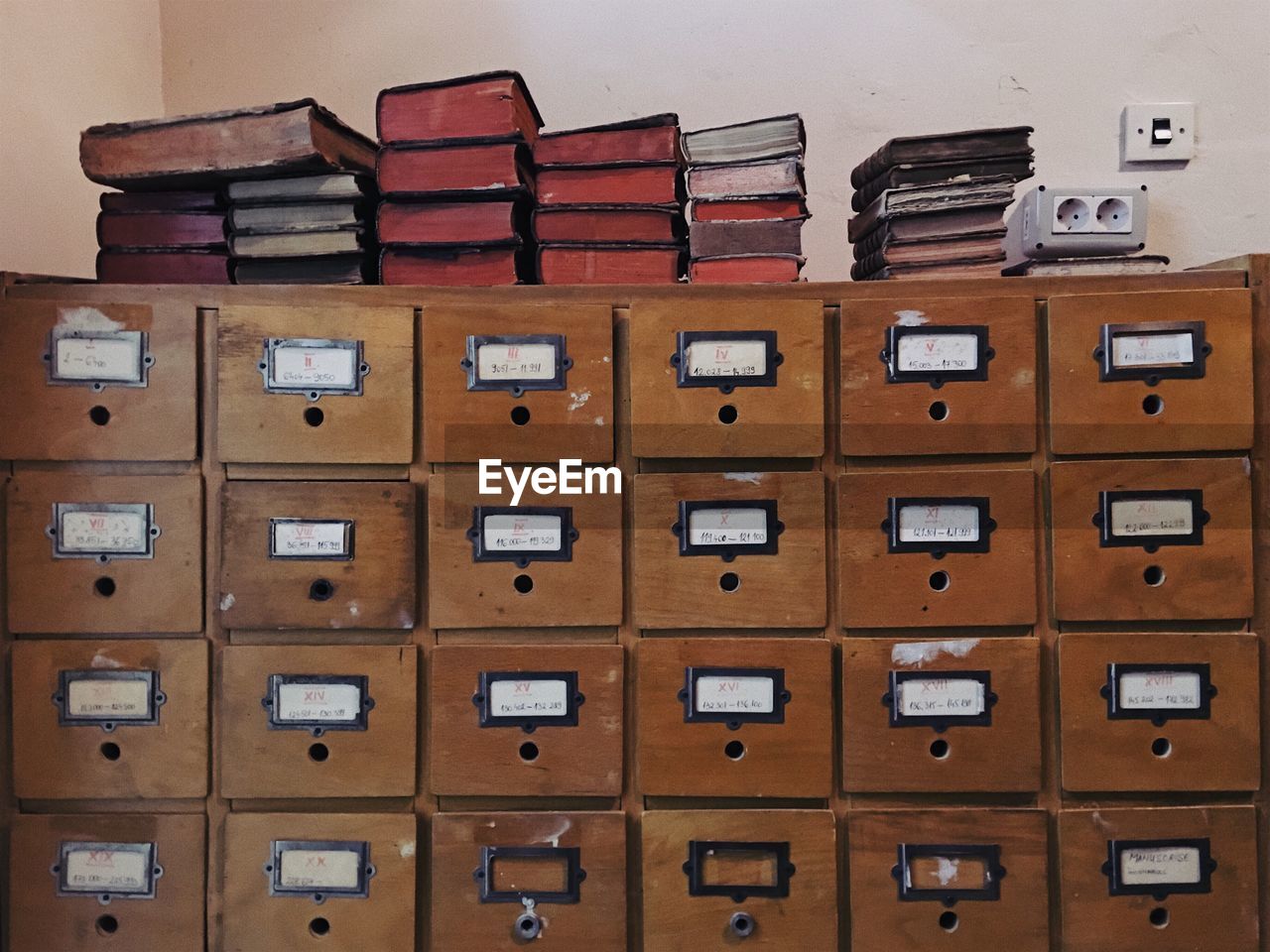 Low angle view of books on lockers