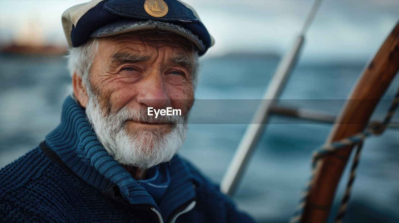 close-up portrait of man looking away against sky