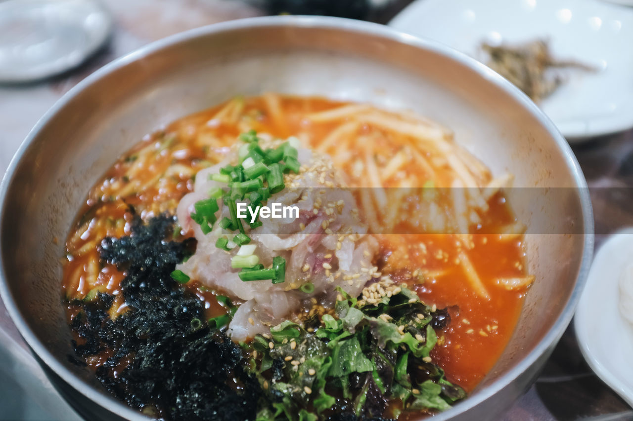 High angle view of soup in bowl on table