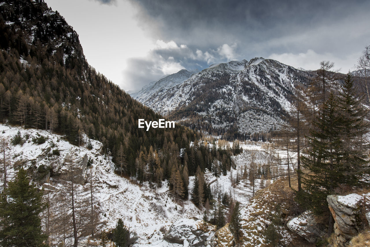 Scenic view of mountains against sky during winter