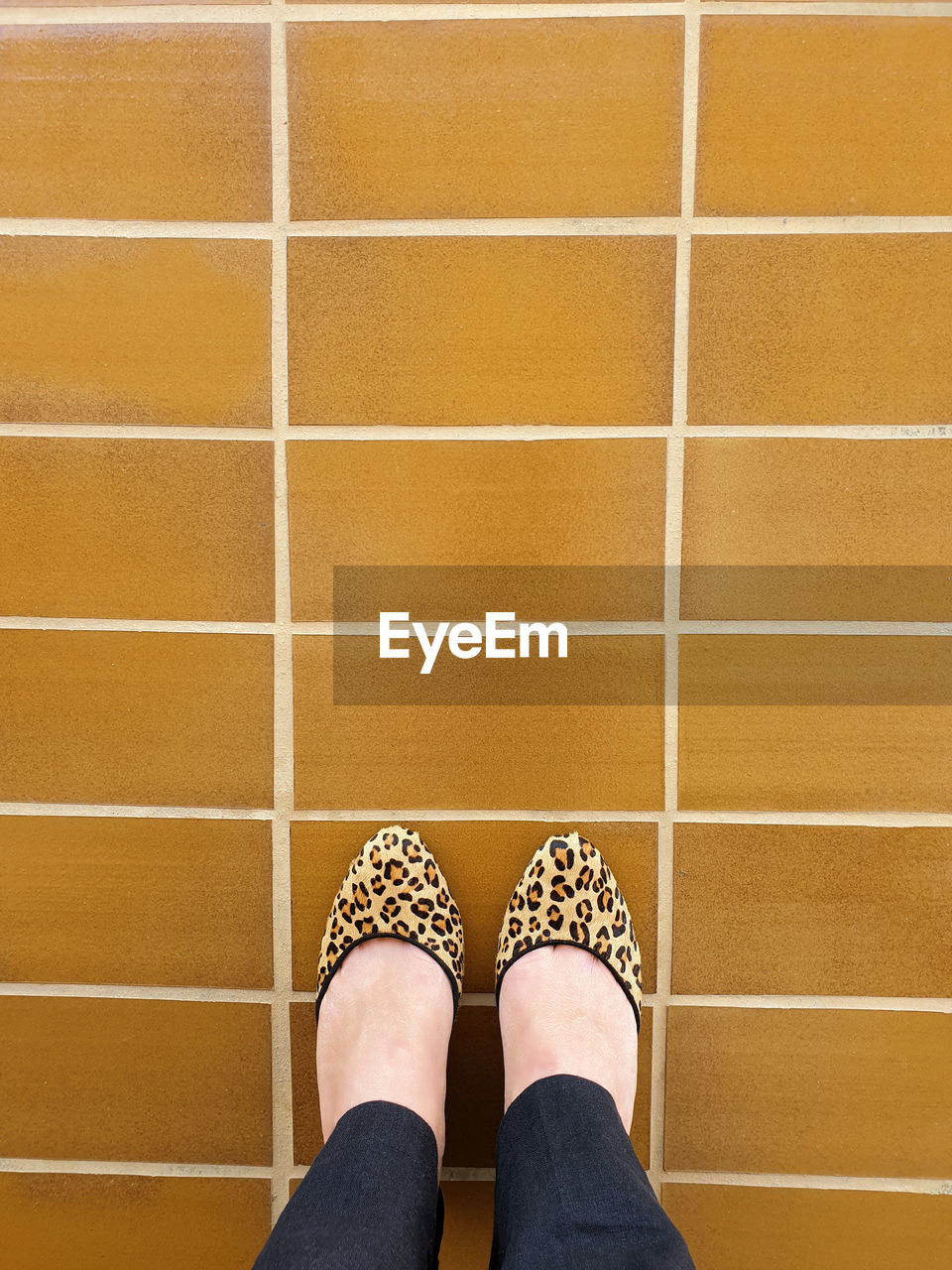 yellow, human leg, shoe, low section, one person, footwear, personal perspective, lifestyles, standing, pattern, limb, adult, human limb, women, flooring, clothing, indoors, directly above, human foot, sandal, leisure activity, brown, copy space, fashion, tile, casual clothing, wall