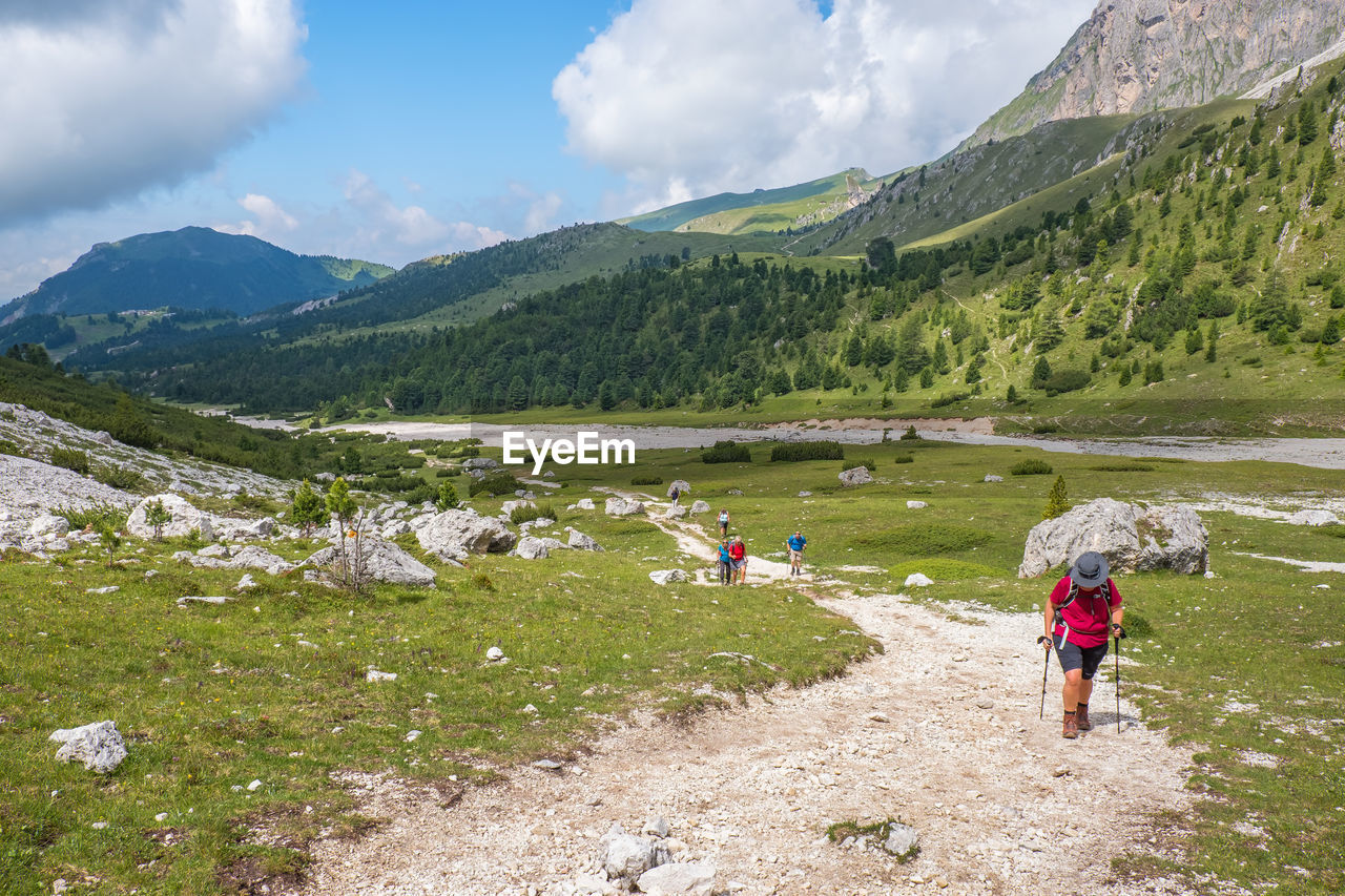 REAR VIEW OF PEOPLE WALKING ON LANDSCAPE AGAINST SKY