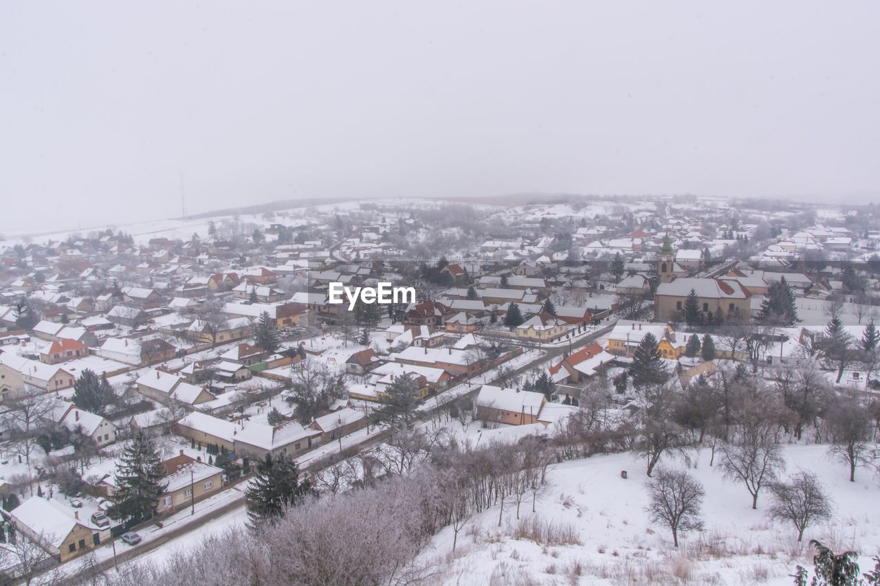 High angle view of cityscape during winter