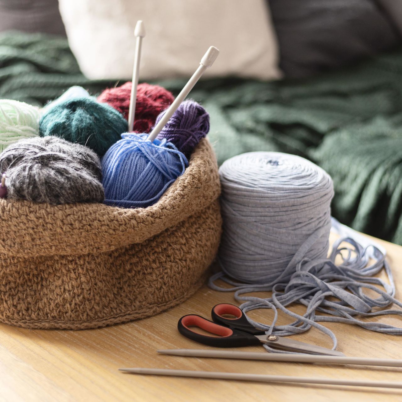 high angle view of sewing equipment on table