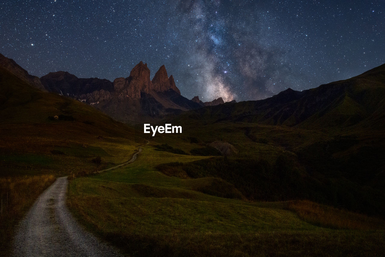 The milky way above the beautiful peaks of the french alps with a nice path in the foreground.