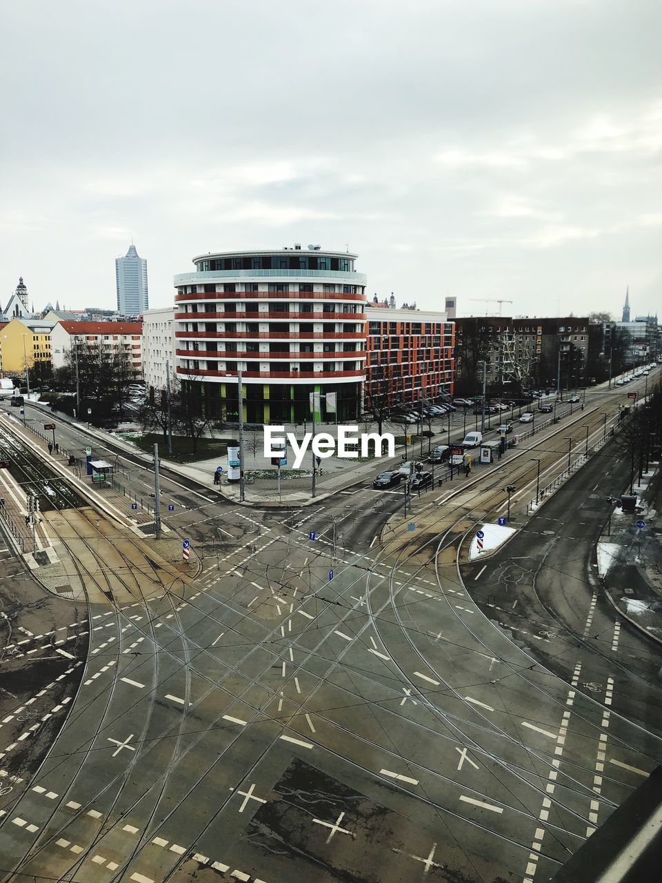 High angle view of city street against sky