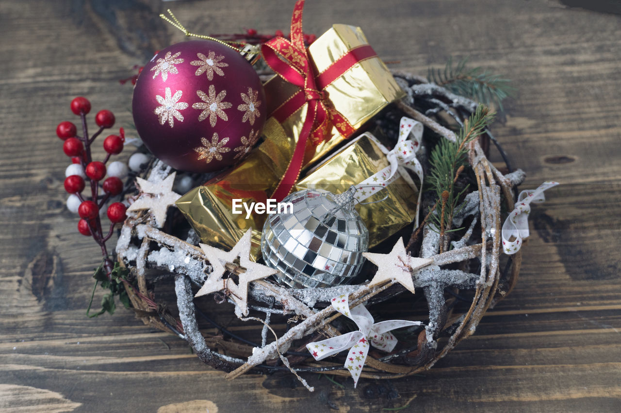 High angle view of christmas decorations on table