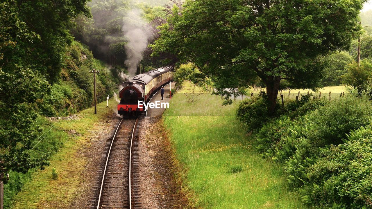 Front view of train on railroad tracks