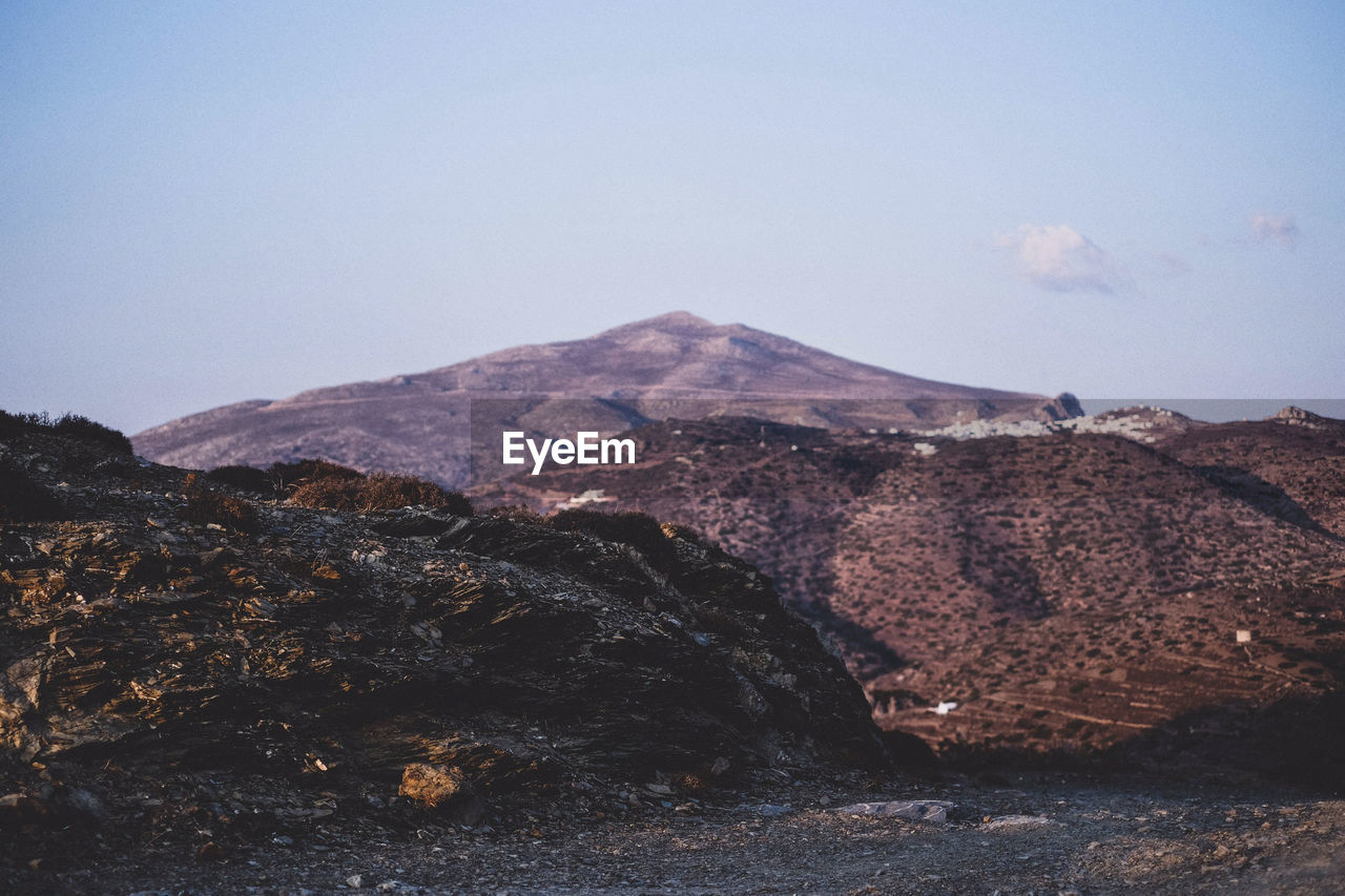 Scenic view of mountain range against clear sky