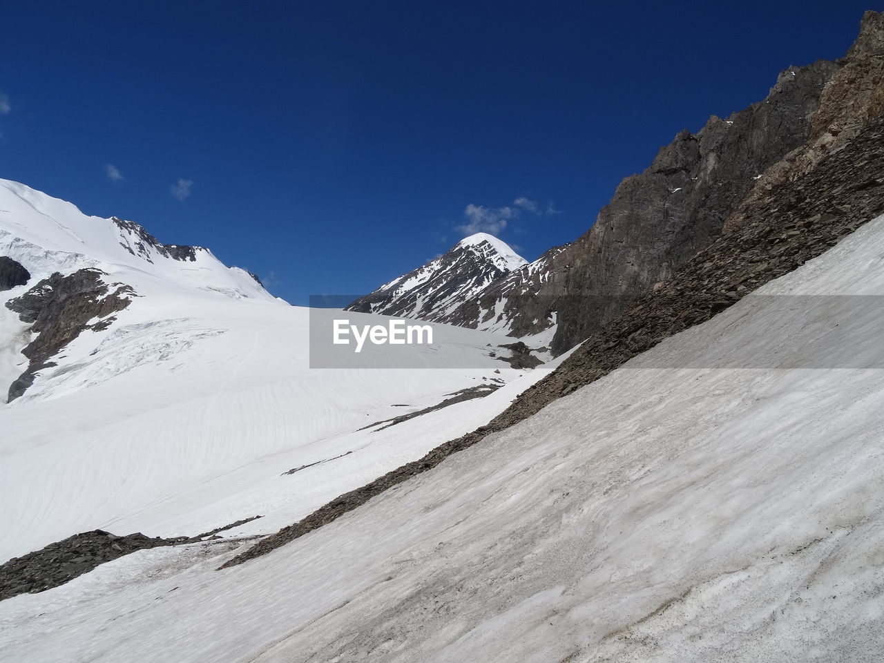 Scenic view of snowcapped mountains against blue sky