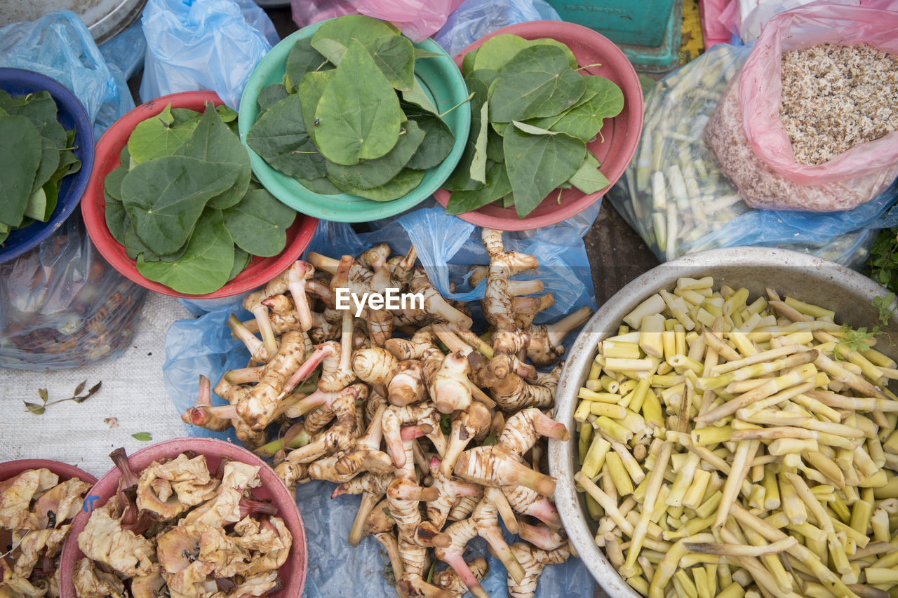 High angle view of various vegetables for sale at market