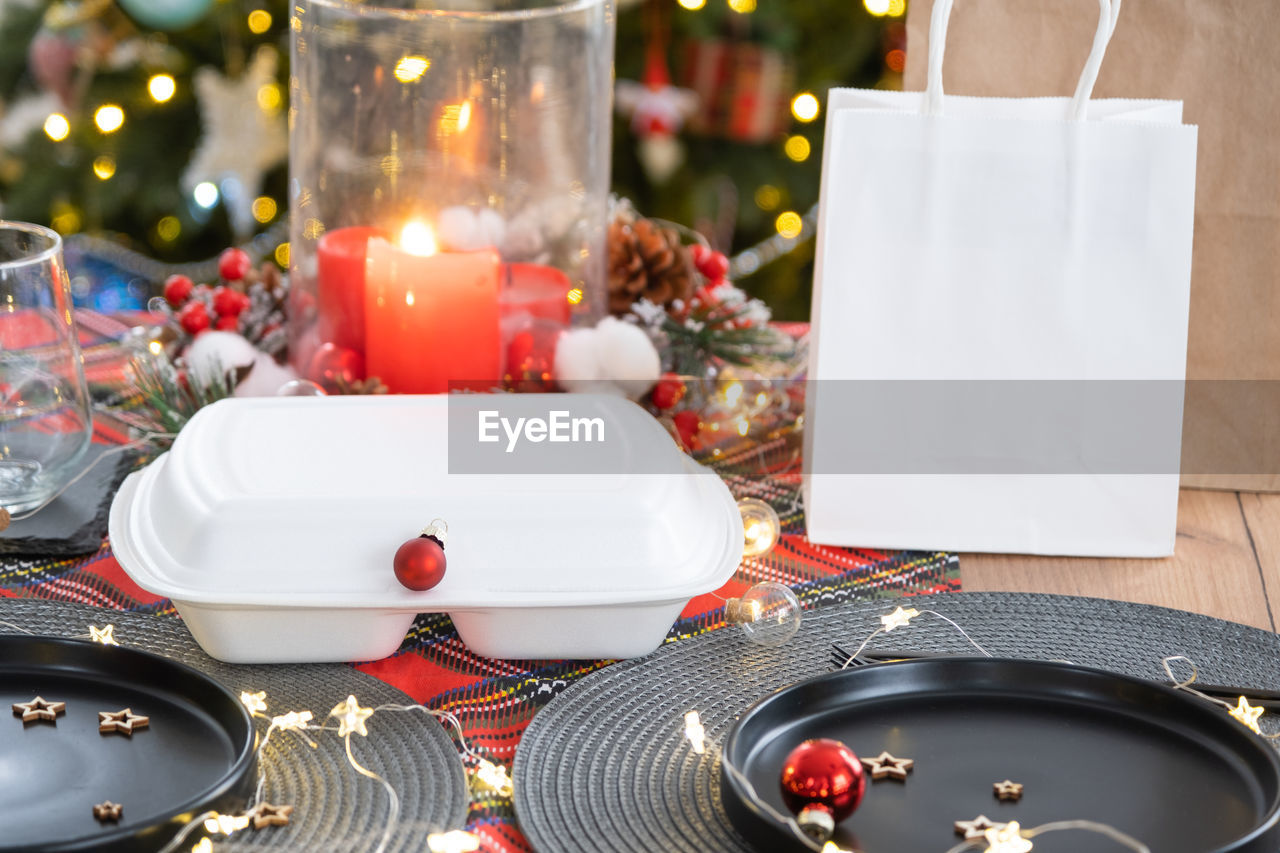 high angle view of christmas decorations on table