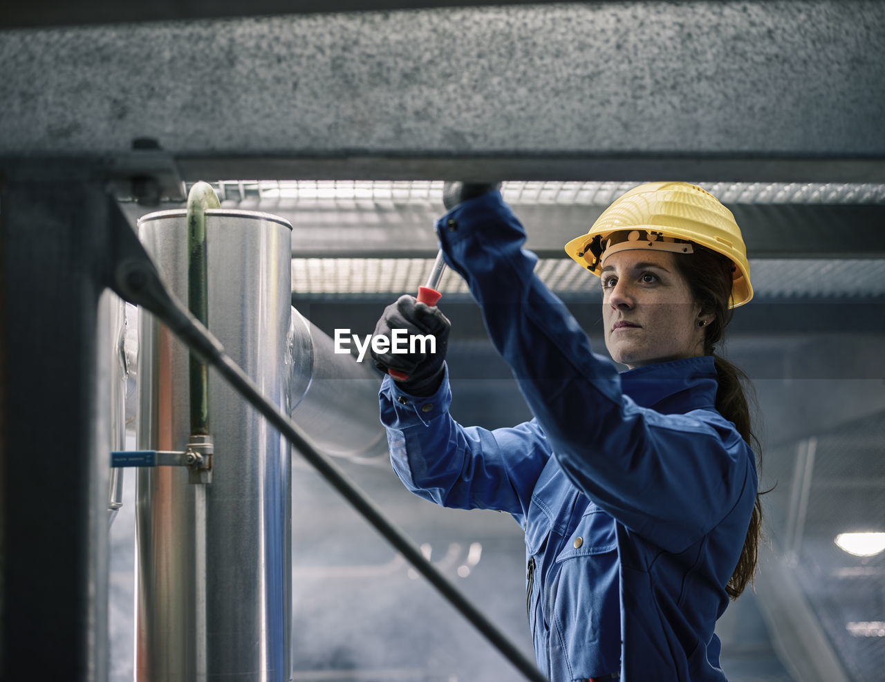 Craftswoman wearing hard hat at work