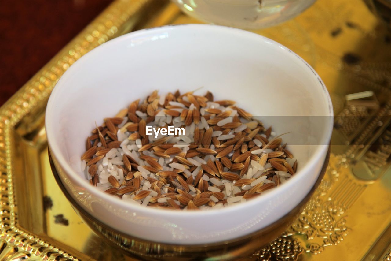 High angle view of rice in bowl on table