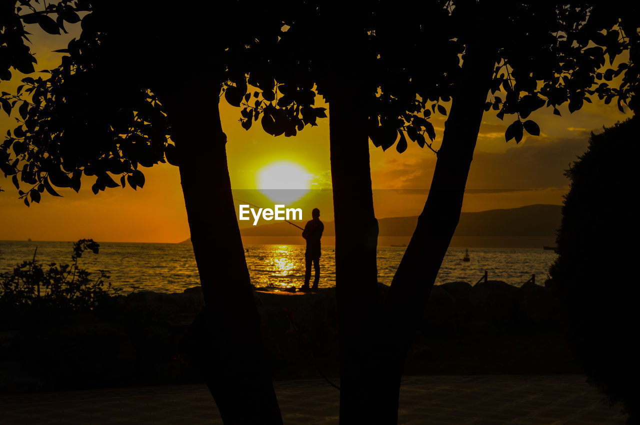 Silhouette man fishing in sea against sky during sunset