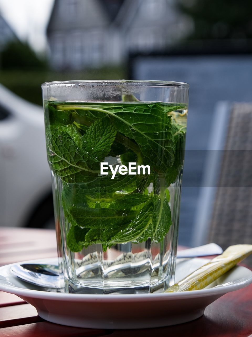 Close-up of peppermint  tea in glass on table