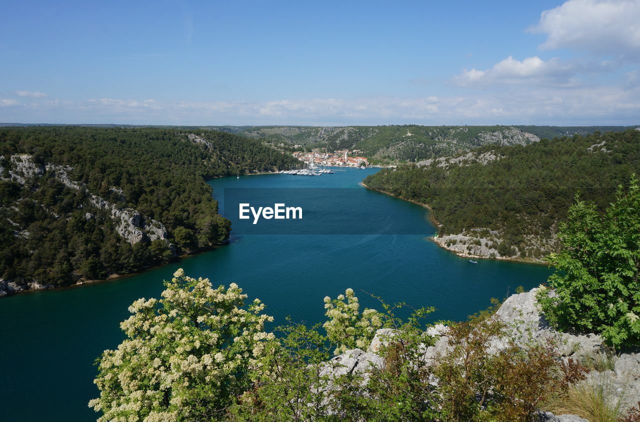 High angle view of krka river against sky