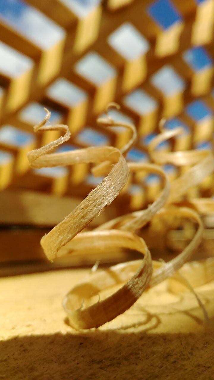 Close-up of spiral wood shavings on rug