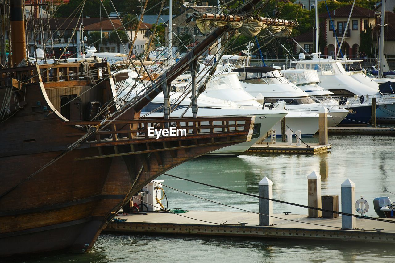 Cropped boats moored in row at lake