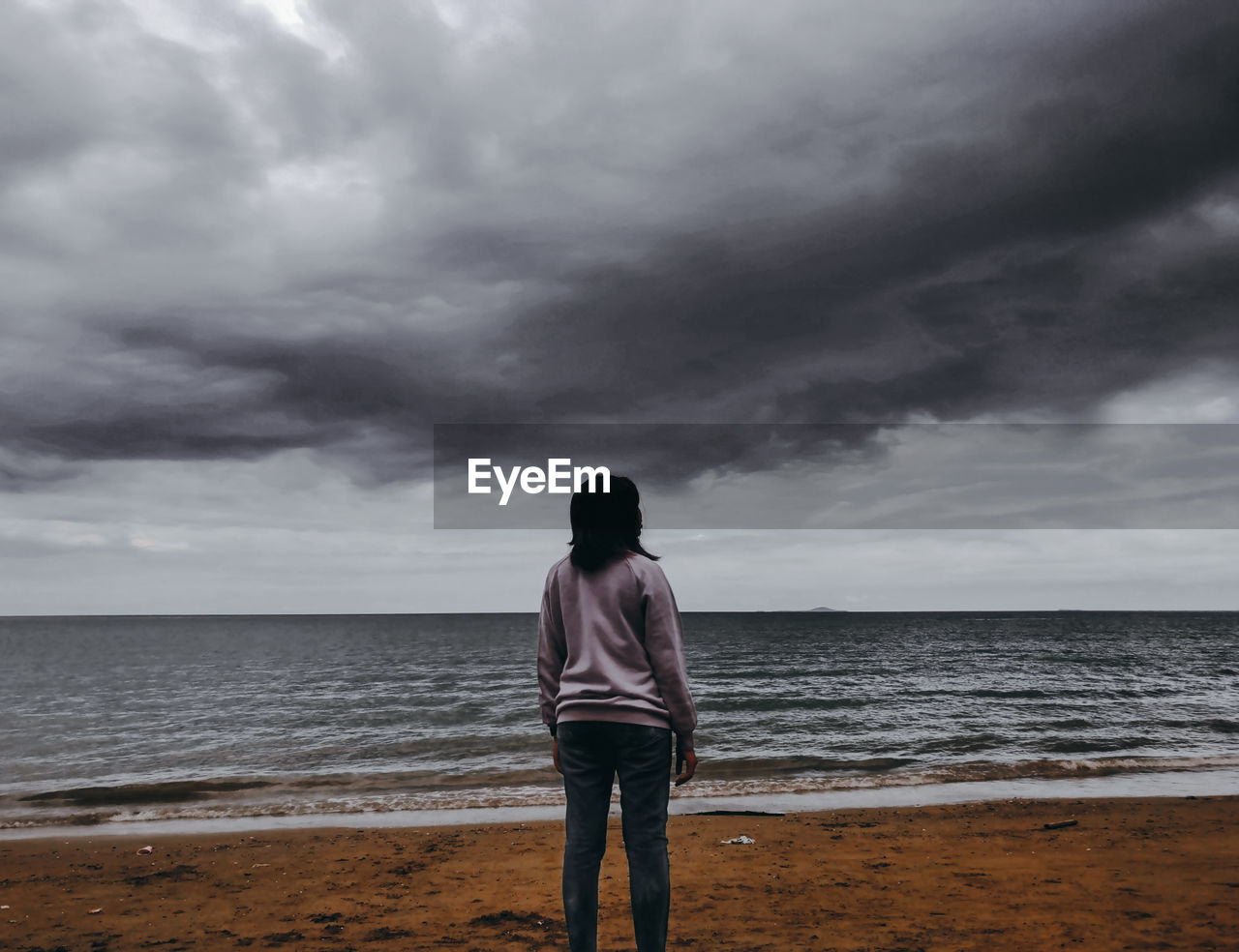 Rear view of woman standing against sea at beach