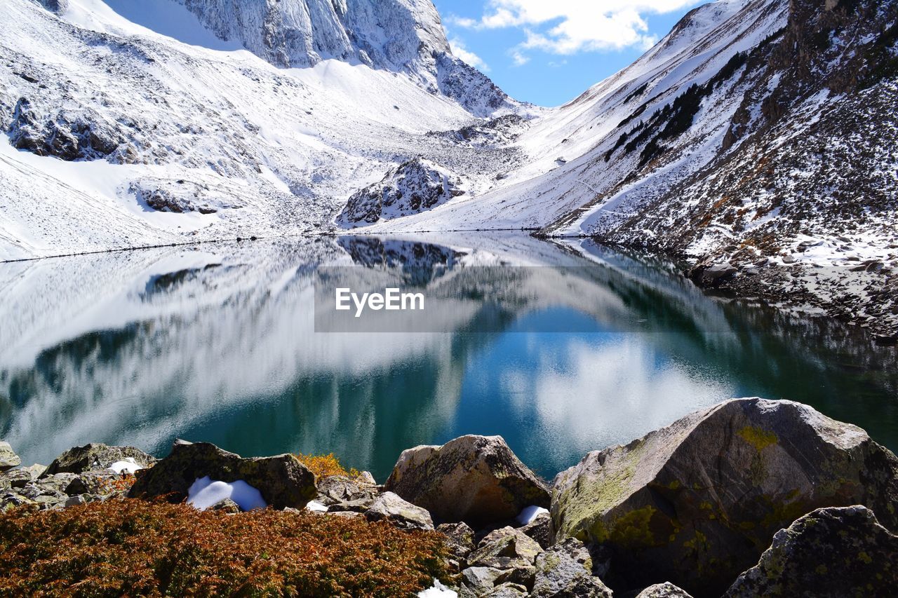Scenic view of lake and snowcapped mountains against sky