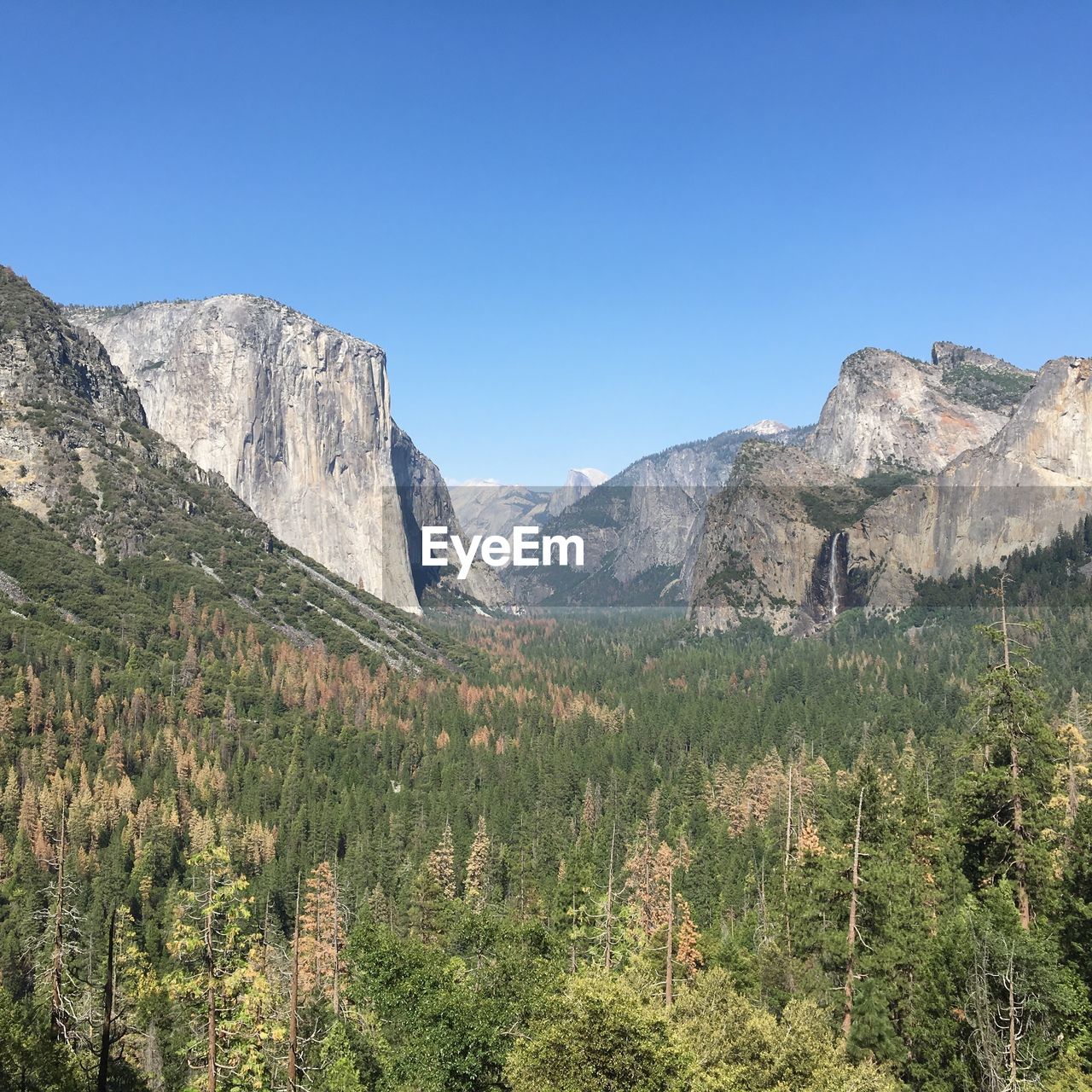 Scenic view of rocky mountains against clear blue sky