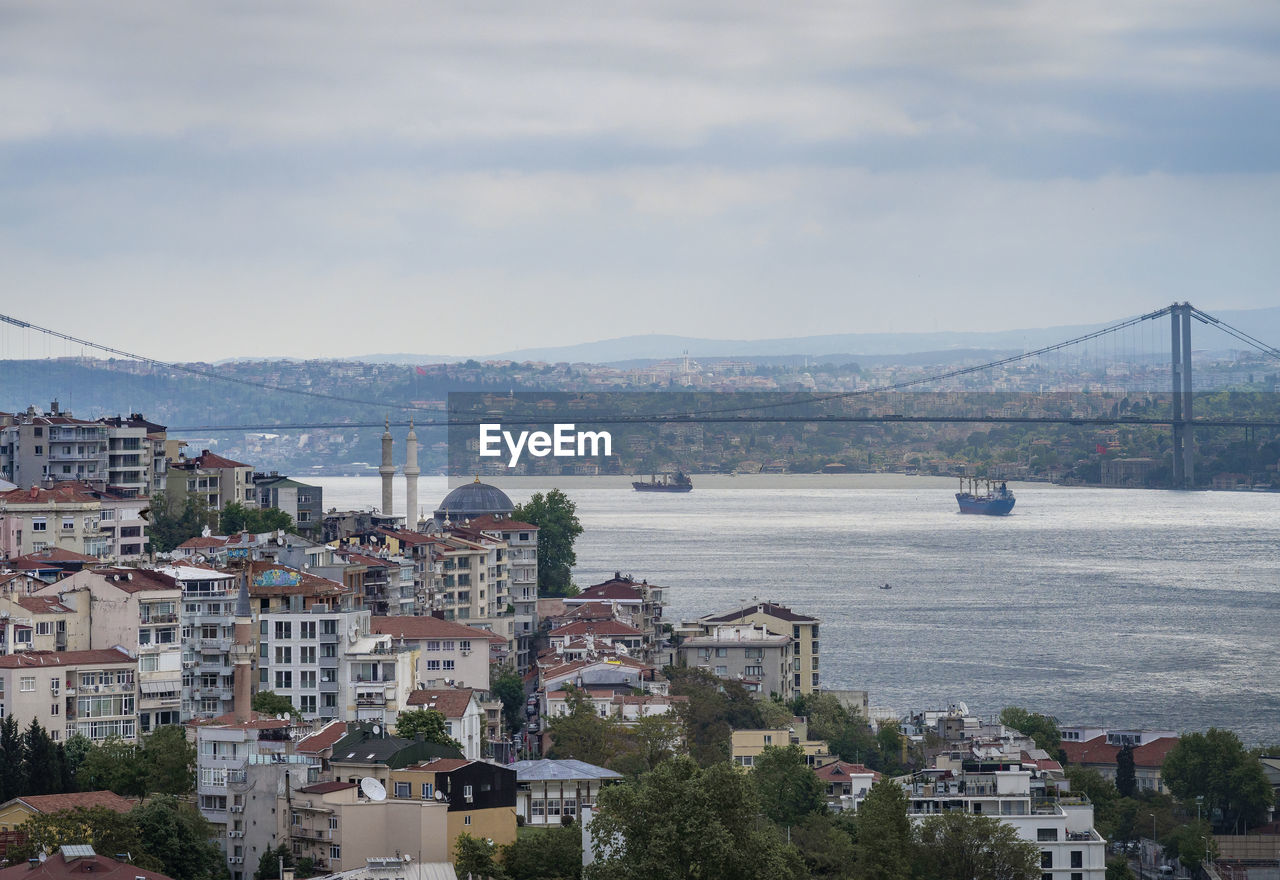 High angle view of city by sea against sky