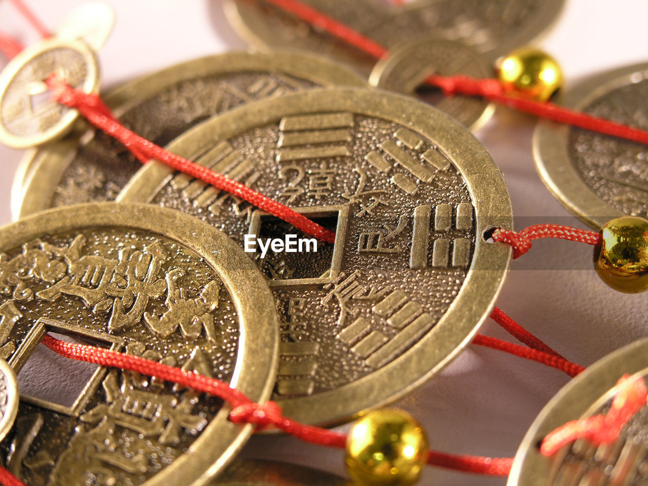 Close-up view of chinese coins