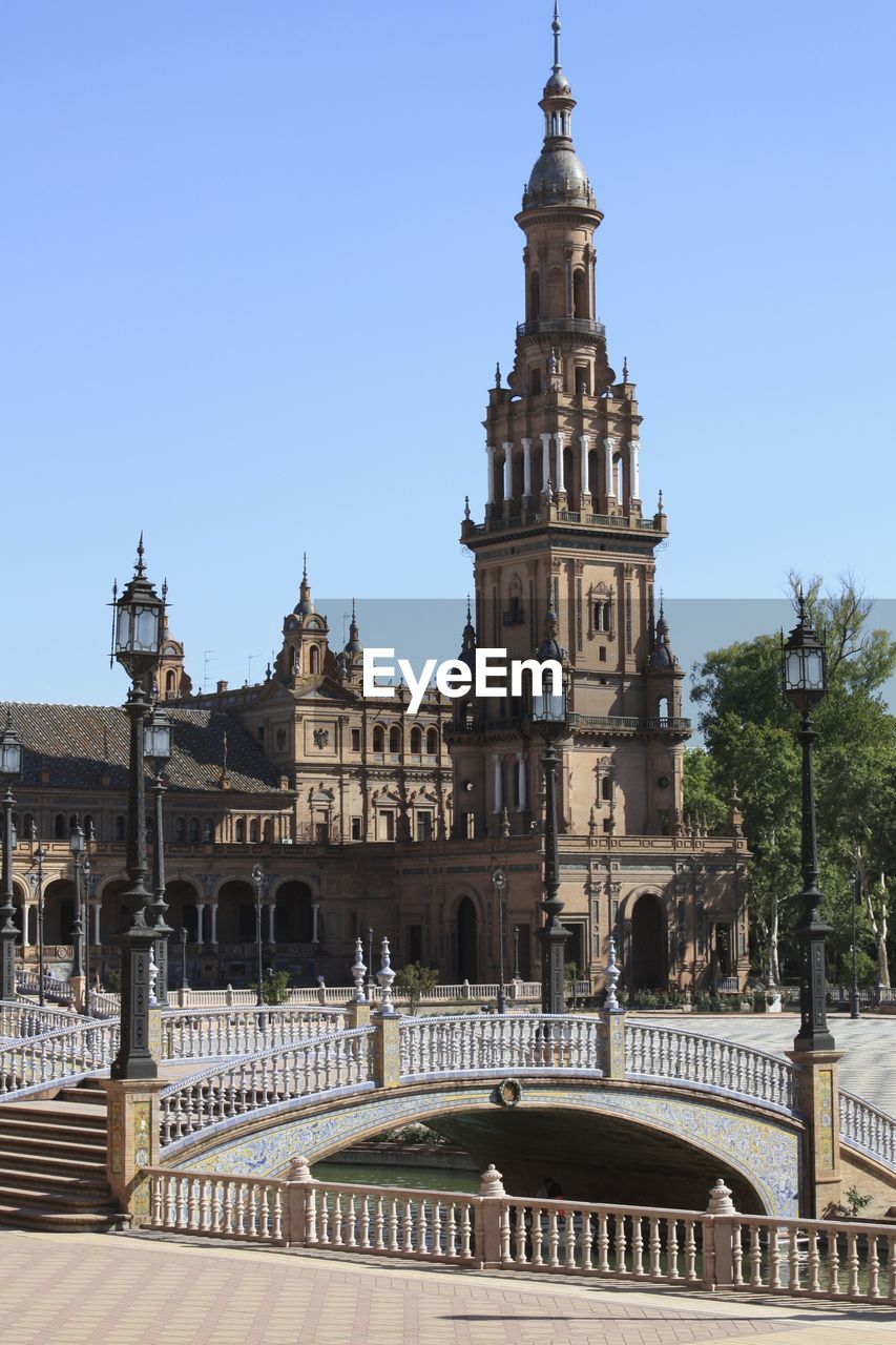 Building exterior against clear blue sky