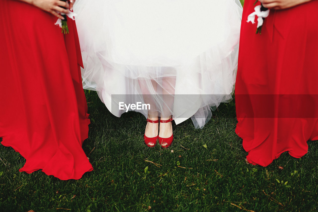 Bride in white dress with bridesmaids in red dresses on the green grass. blurred background